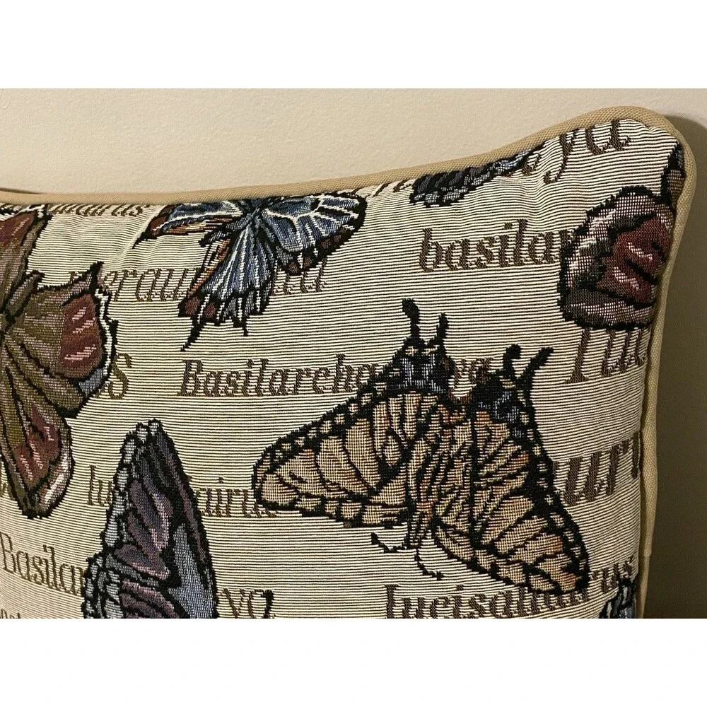 Riverdale Tapestry Throw Butterfly Pillow Butterflies Nature Fall Tan 16x16 EUC